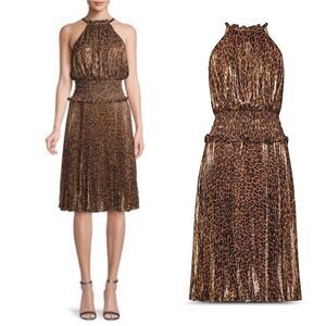 BCBGMAXAZRIA Sleeveless Leopard-Print Halter Midi Dress Black Brown XXS